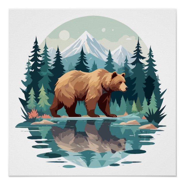 Póster Urso Selvagem Natureza Animal Exterior Aquarela (Frente)
