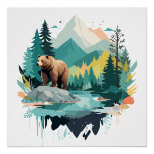 Póster Urso Selvagem Natureza Animal Exterior Aquarela