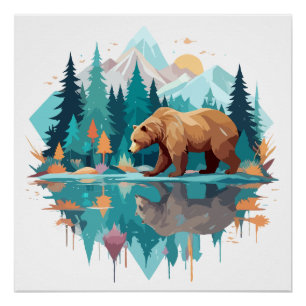 Póster Urso Selvagem Natureza Animal Exterior Aquarela