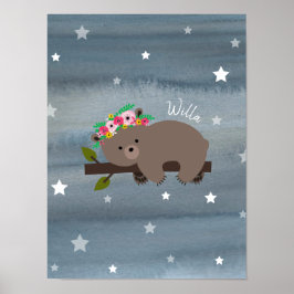 Póster Urso Sonolento Cubo Watercolor Bebê Floral