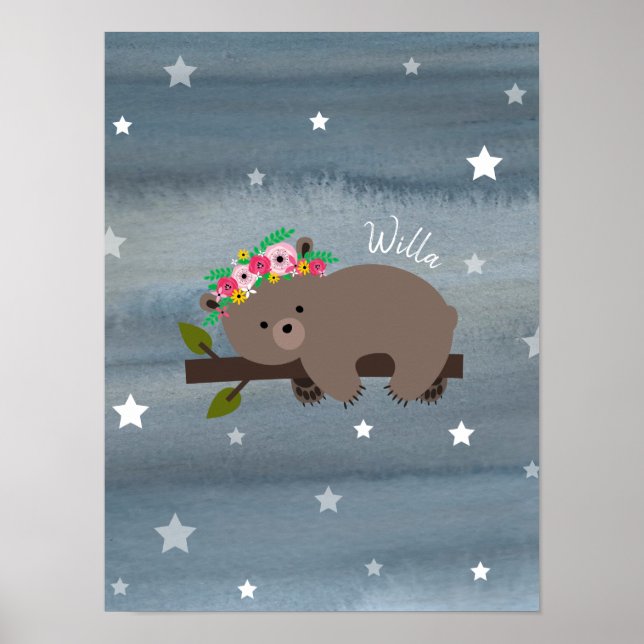 Póster Urso Sonolento Cubo Watercolor Bebê Floral (Frente)