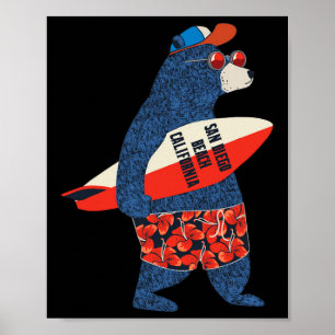 Poster Urso Surfando Na Praia De San Diego Califórnia Ver