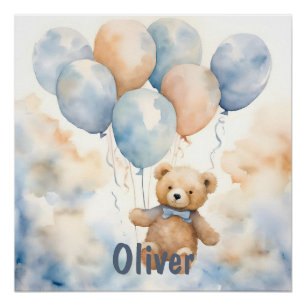Póster Urso Teddy Adorável com Balões Aquarela