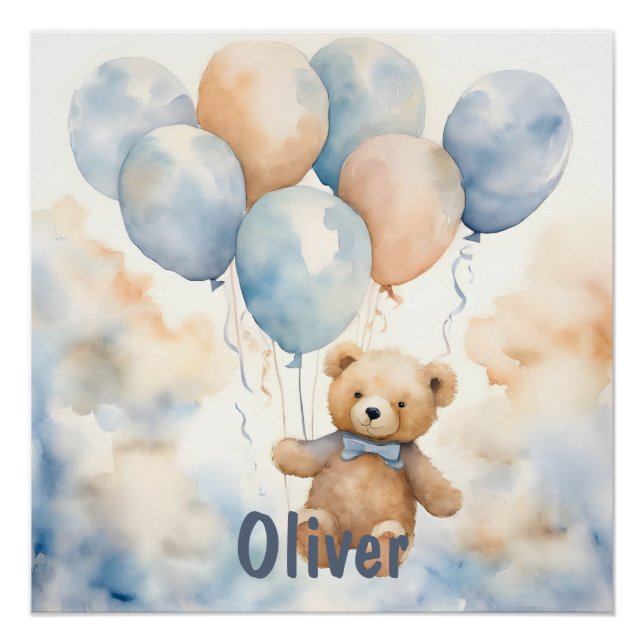 Póster Urso Teddy Adorável com Balões Aquarela (Frente)