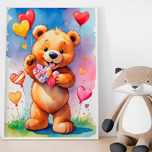 Poster Urso Teddy Feliz com Presente em Forma de Coração 