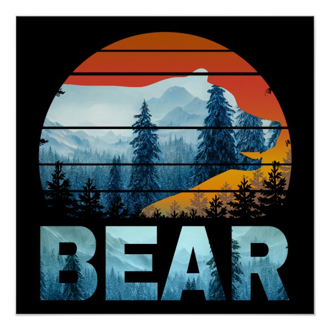 PÓSTER URSO VINTAGE NATUREZA SELVAGEM FLORESTA PÔR DO SOL (Frente)