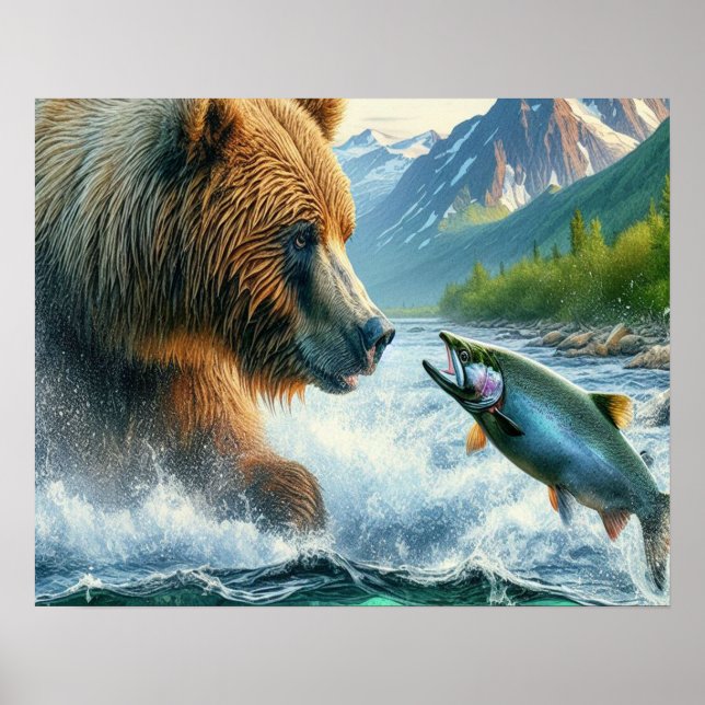 Poster Ursos grizzly com salmão de truta-lombo 16x20 (Frente)