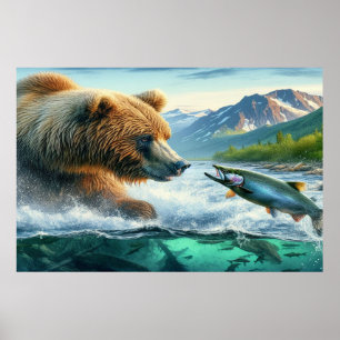 Poster Ursos grizzly com salmão de truta-lombo 36x24