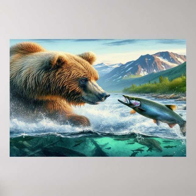 Poster Ursos grizzly com salmão de truta-lombo 36x24 (Frente)
