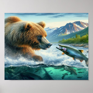 Poster Ursos grizzly com salmão de truta-lombo 8x10