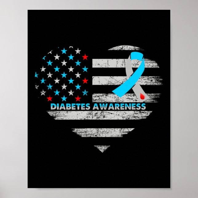 Poster Usa Flag Diabetes Awareness Heart Family Support  (Frente)