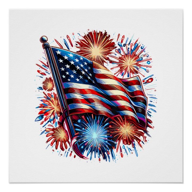 Póster USA Flag Fireworks Patriotic (Frente)