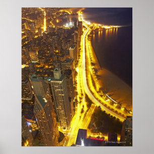 Poster USA, Illinois, aerial view of Chicago at dusk