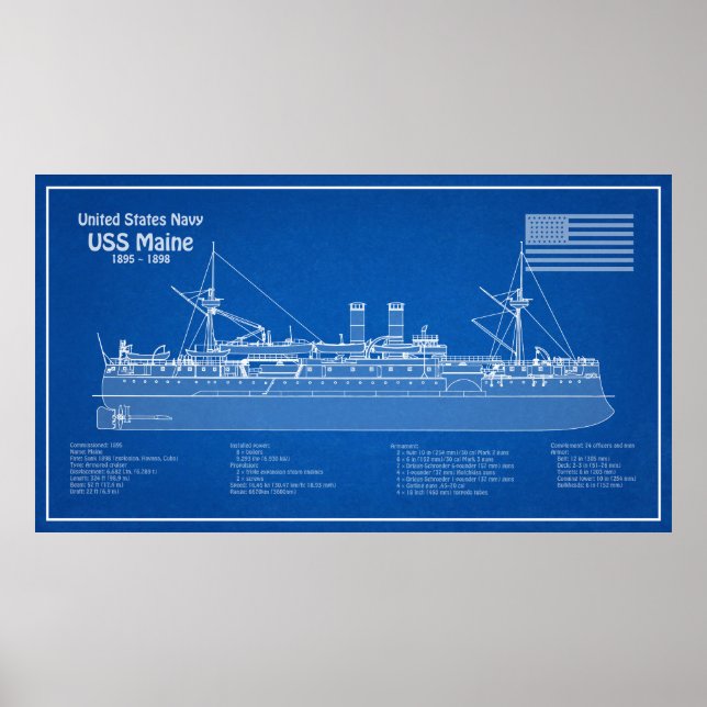 Poster USS Maine - Ship Blueprint Planos ABD (Frente)