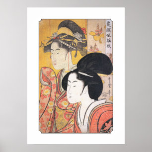 Póster Utamaro duas belezas com tela de bambu