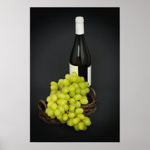 Póster uvas em uma cesta e garrafa de vinho