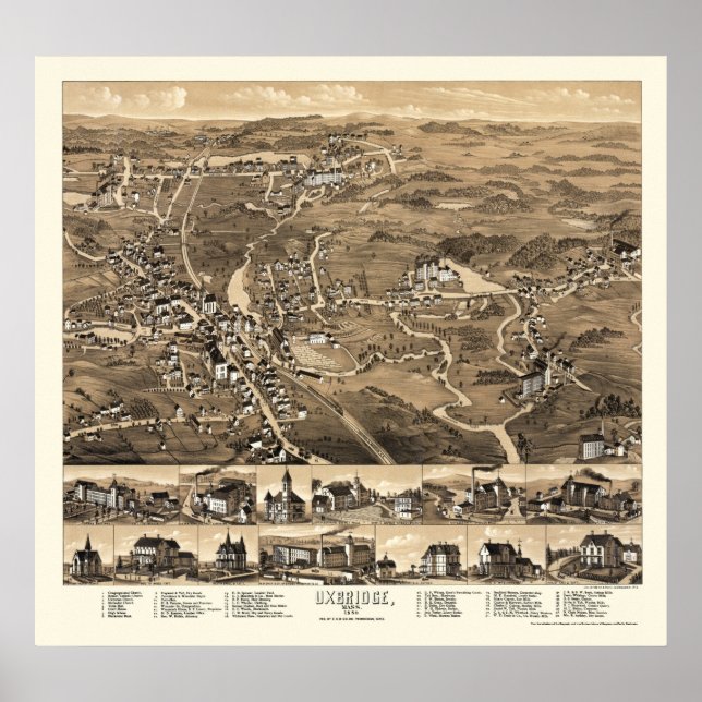 Poster Uxbridge, Mapa Panorâmico do MÃE - 1880 (Frente)
