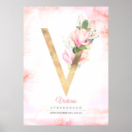 Poster V - Letra Monograma Dourado deixa cor-de-rosa Magn