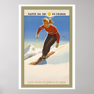 Poster Vá Esquiar em França Cartaz de Esqui Vintage