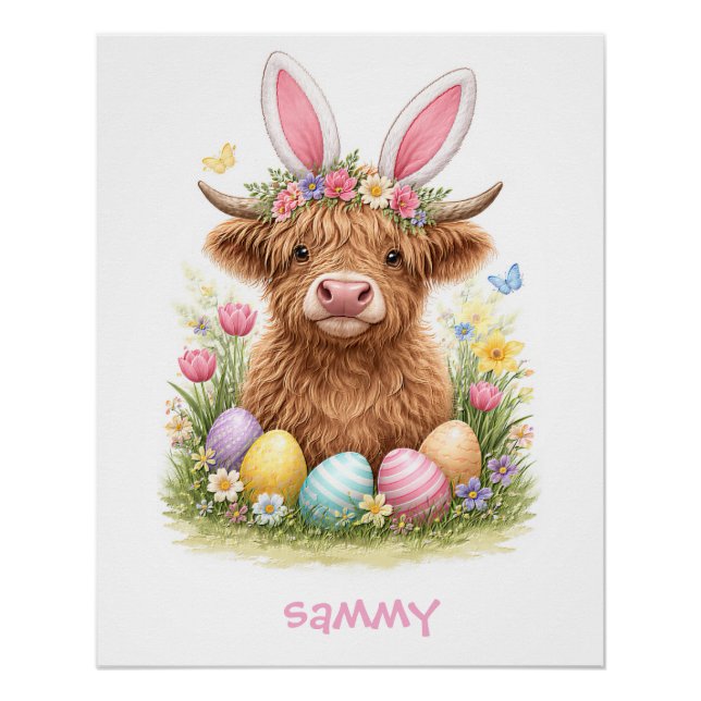 Póster Vaca Alta Cute com Orelhas de Coelho Páscoa  (Frente)