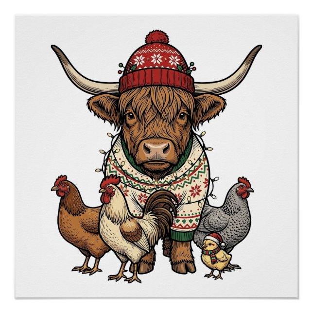 Póster Vaca Alta Escocesa de Natal e Galinhas Engravura V (Frente)