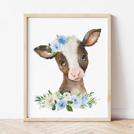 Poster Vaca, Animais De Fazenda, Celeiro, Flores Azuis, E