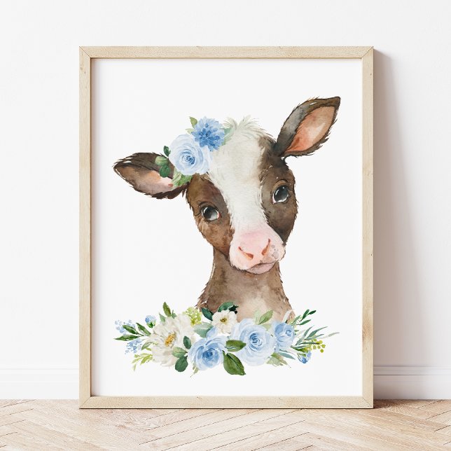 Poster Vaca, Animais De Fazenda, Celeiro, Flores Azuis, E (Criador carregado)