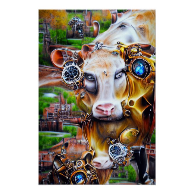 Póster Vaca cibernética Steampunk (Frente)