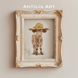 Poster Vaca com palha Chapéu Whimsso Vitelo de Fazenda