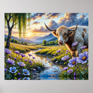 Poster Vaca cruzada de Highland/Longhorn em Paisagem Flor