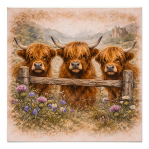 Póster Vaca das Terras Altas - Animais em Aquarela