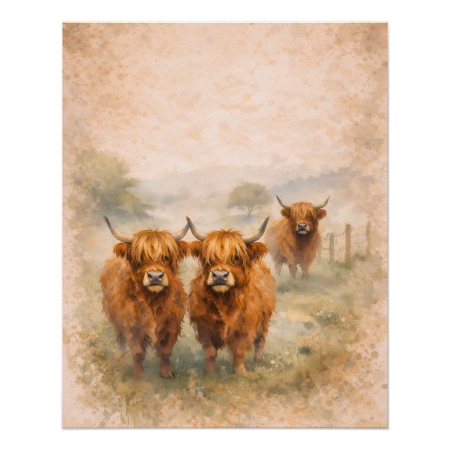 Póster Vaca das Terras Altas - Animais em Aquarela (Frente)