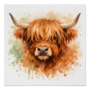 Póster Vaca das Terras Altas - Animais em Aquarela
