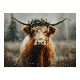 Póster Vaca das Terras Altas com Coroa de Grinalda de Nat