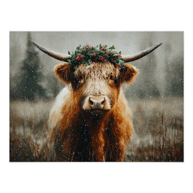 Póster Vaca das Terras Altas com Coroa de Grinalda de Nat (Frente)