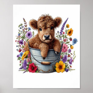 Poster Vaca das Terras Altas em Balde de Flores Png, Fofo