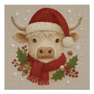 Póster Vaca do planalto russo com Santa Hat