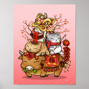 Poster Vaca e gatos brancos do ano novo chineses