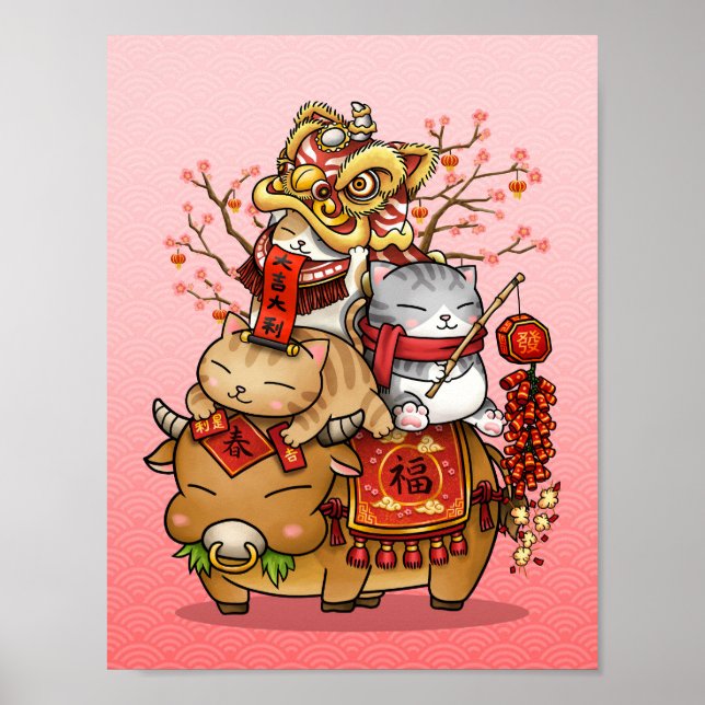 Poster Vaca e gatos brancos do ano novo chineses (Frente)