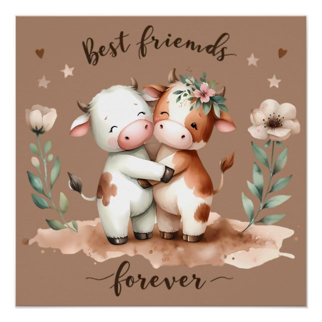 Póster Vaca Fofa Melhores Amigas Abraço Arte Floral (Frente)