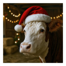 Póster Vaca Hereford de Natal Vestindo um Chapéu de Papai