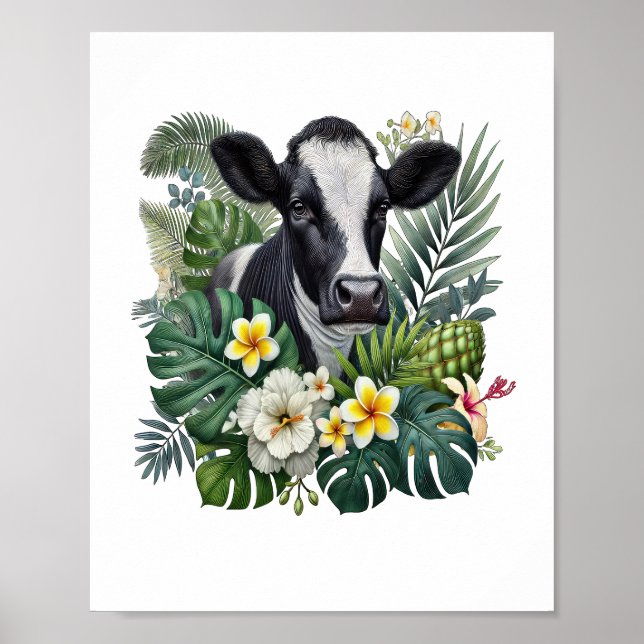 Poster Vaca na selva floral, Vaca tropical (Frente)