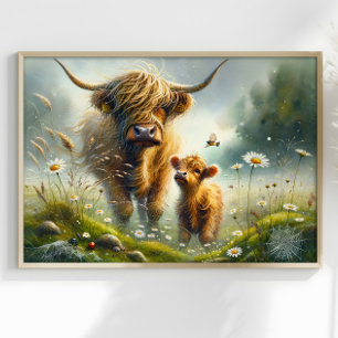 Poster Vaca Superreal Highlander com Paisagem de Calf Fan