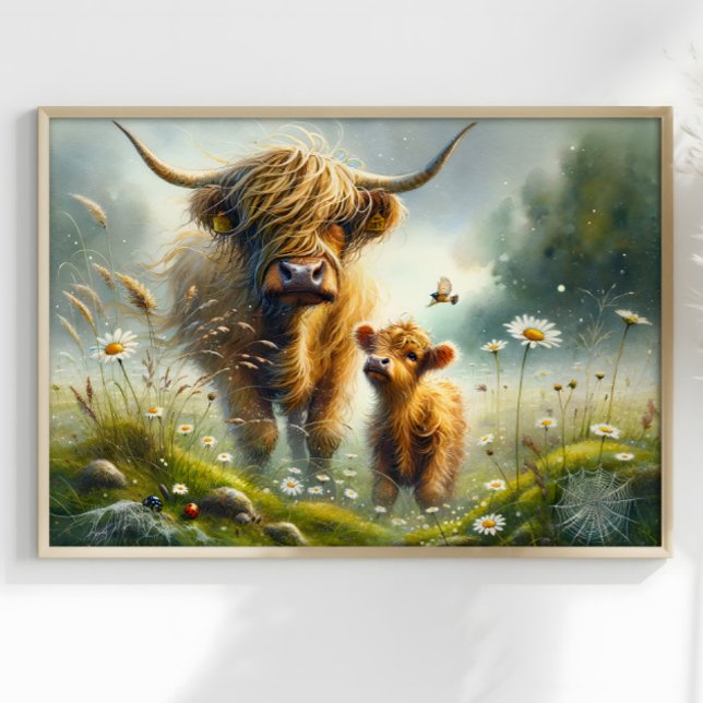 Poster Vaca Superreal Highlander com Paisagem de Calf Fan (Criador carregado)