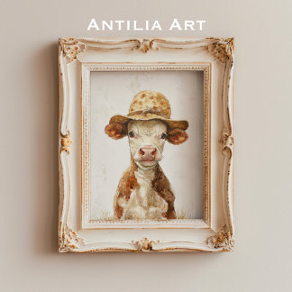 Poster Vaca Whimsic com Fazenda de vitelo pintado com cha
