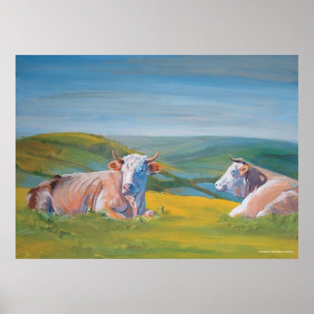 Póster Vacas deitadas e pintura de Landscape Valley (Frente)