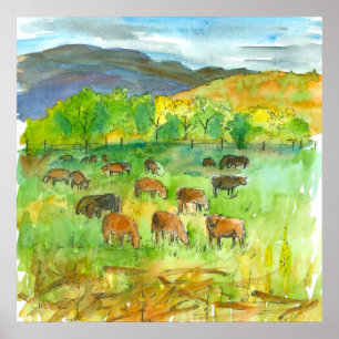 Póster Vacas na pintura da aguarela do animal de fazenda