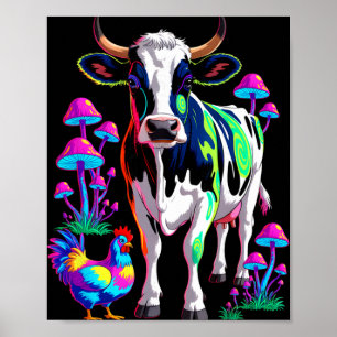 Poster Vacas Psicodélicas Frangos Cogumelos Fazenda Arte