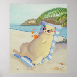 Poster Vacation Beach Cat Under Palm Tree Wall Art