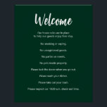 Póster Vaga Casa de Aluguer Regras Escuras Verde e Branco<br><div class="desc">Bem-vindo aparece em um roteiro branco no topo desta casa regras poster para uma casa alugada de curta duração. Uma breve instrução de abertura está abaixo do script. Depois, há oito regras de casa para uma casa de aluguel de curta duração. Todo o texto é branco. Todo o texto pode...</div>